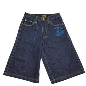 Red Ape Authentics Boys Denim Shorts Dark Wash Embroidered Baggy Y2K Size 8